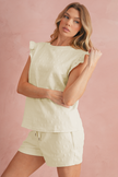 White Plain Bow Jacquard Ruffle Sleeve Shorts Set