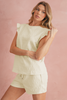 White Plain Bow Jacquard Ruffle Sleeve Shorts Set