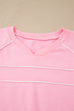 Pink Piping Trim Long Sporty Pullover Drawstring Elastic Waist Shorts Set