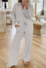 Coffee Solid Color V Neck Top and High Waist Pants Set