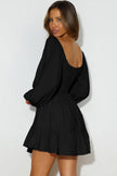Black Solid Color Long Sleeve Shirred Drawstring Ruffle Mini Dress