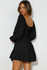 Black Solid Color Long Sleeve Shirred Drawstring Ruffle Mini Dress