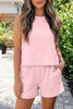 Beige Stitched Detail Loose Tank Top Cotton 2pcs Short Set