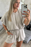 Green Solid Color Puffy Loose Top Drawstring Shorts 2pcs Outfit