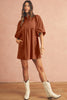 Gold Flame Light Snap Button Empire Waist Lantern Sleeve Corduroy Dress