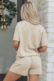 Sky Blue Solid Color Contrast Textured Patchwork Raw Edge 2pcs Short Set