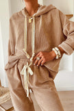 Dark Khaki Drawstring Pullover Hoodie and High Waist Pants Corduroy Suit