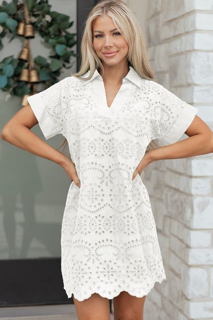 Rose Red Solid Color Eyelet Embroidered T Shirt Mini Dress