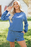 Blue Stripe Drop Shoulder Long Sleeve Pullover Elastic Waist Casual Short Set