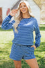 Blue Stripe Drop Shoulder Long Sleeve Pullover Elastic Waist Casual Short Set