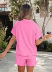 Light Grey Collared V Neck Tee Drawstring Elastic Waist Shorts 2pcs Outfit