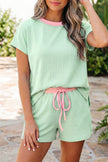 Sachet Pink Soft Ribbed Color Block Trim Casual Short Set